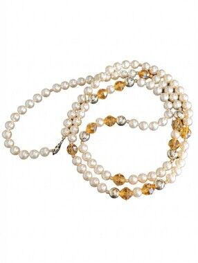 Faux Pearl Necklace Amber Faceted Mirrored Long Beaded Single Strand